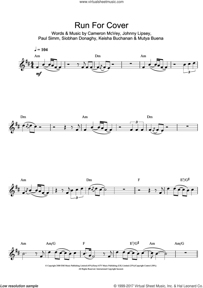 Run For Cover sheet music for clarinet solo by Sugababes, Cameron McVey, Johnny Lipsey, Keisha Buchanan, Mutya Buena, Paul Simm and Siobhan Donaghy, intermediate skill level