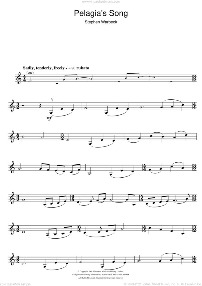 Pelagia's Song (from Captain Corelli's Mandolin) sheet music for violin solo by Stephen Warbeck, intermediate skill level