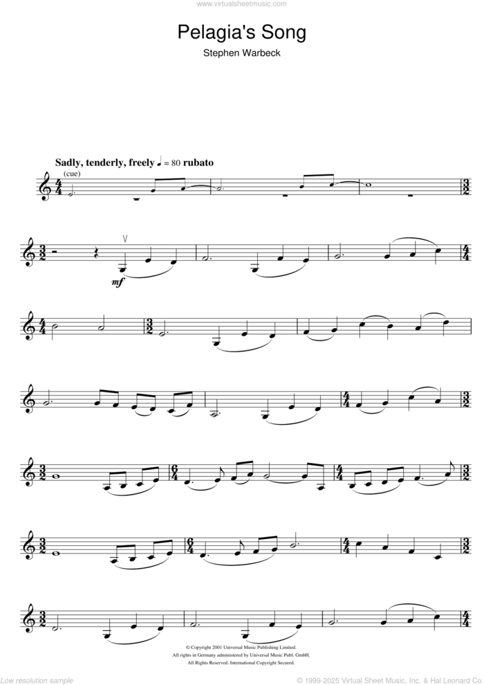 Pelagia's Song (from Captain Corelli's Mandolin) sheet music for violin solo by Stephen Warbeck, intermediate skill level