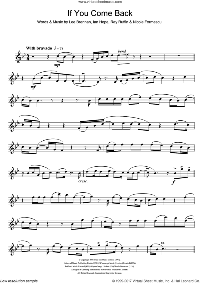 If You Come Back sheet music for flute solo , Ian Hope, Lee Brennan, Nicole Formescu and Ray Ruffin, intermediate skill level