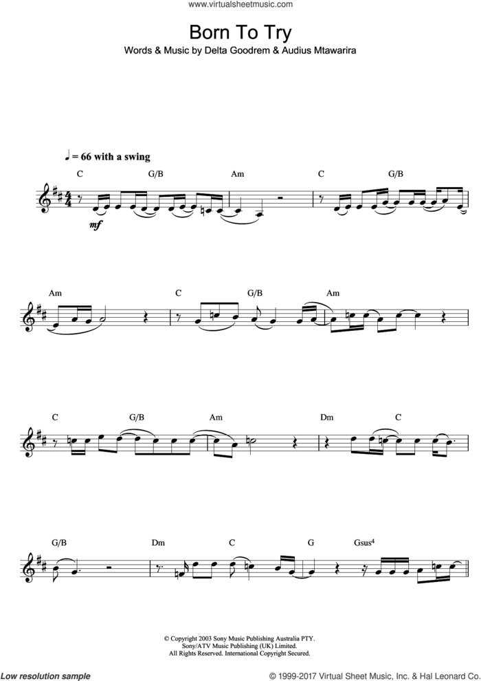 Born To Try sheet music for clarinet solo by Delta Goodrem and Audius Mtawarira, intermediate skill level