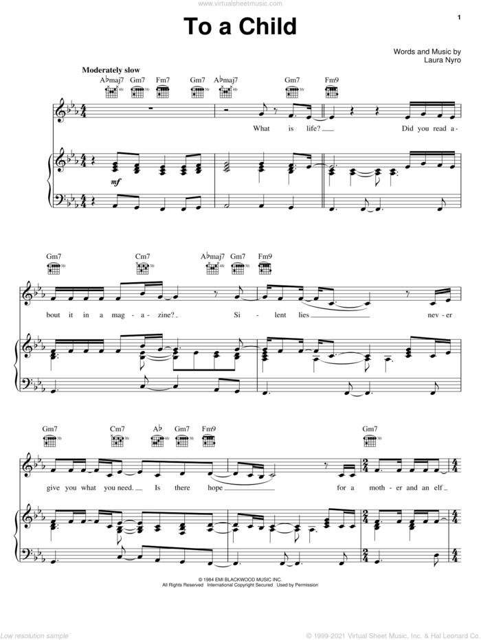 To A Child sheet music for voice, piano or guitar by Laura Nyro, intermediate skill level