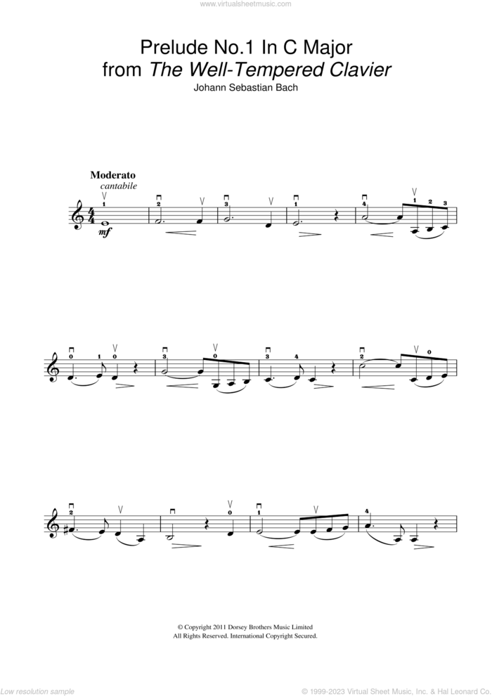 Prelude No.1 in C Major (from The Well-Tempered Clavier, Bk.1) sheet music for violin solo by Johann Sebastian Bach, classical score, intermediate skill level