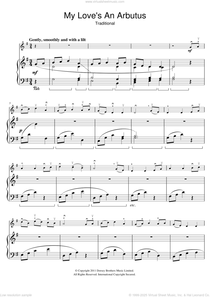 My Love's An Arbutus sheet music for violin solo, intermediate skill level