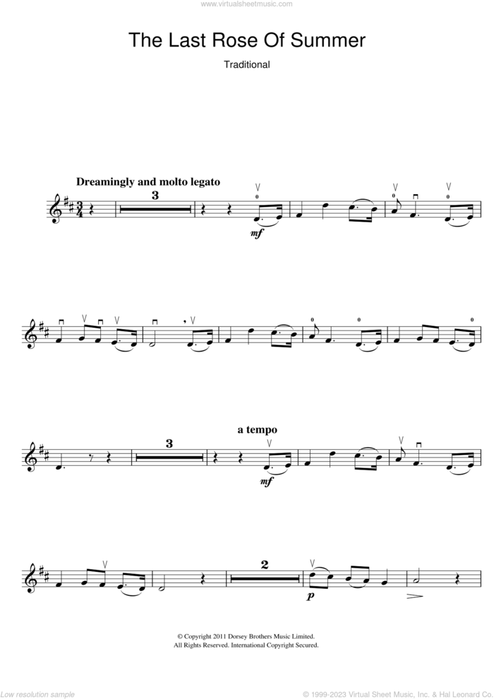 The Last Rose Of Summer sheet music for violin solo, intermediate skill level