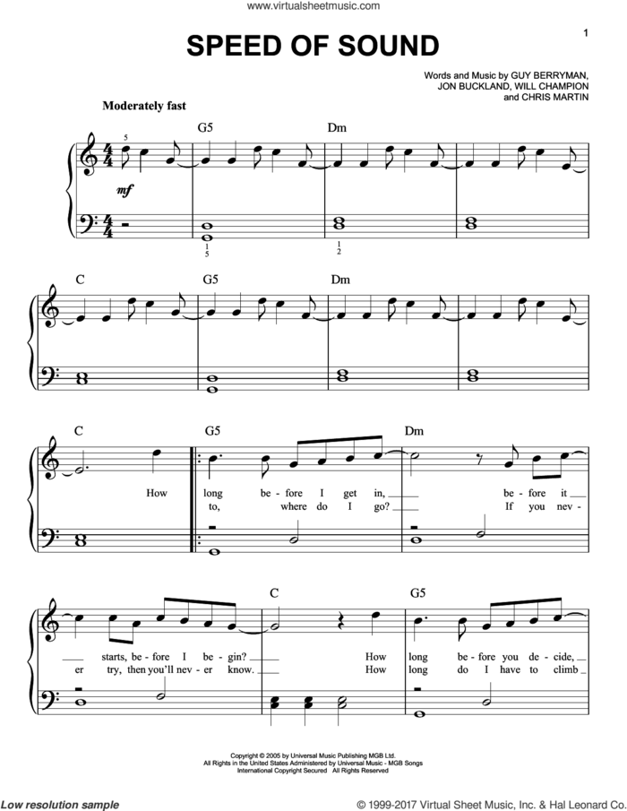 Speed Of Sound sheet music for piano solo by Guy Berryman, Coldplay, Chris Martin, Jon Buckland and Will Champion, easy skill level