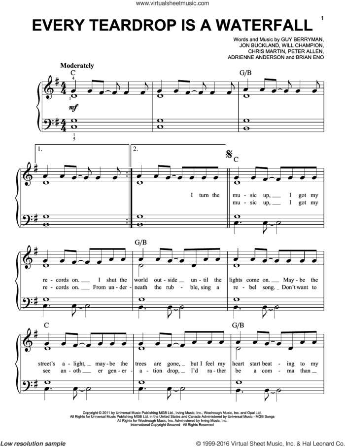 Every Teardrop Is A Waterfall sheet music for piano solo by Guy Berryman, Coldplay, Adrienne Anderson, Brian Eno, Chris Martin, Jon Buckland, Peter Allen and Will Champion, easy skill level