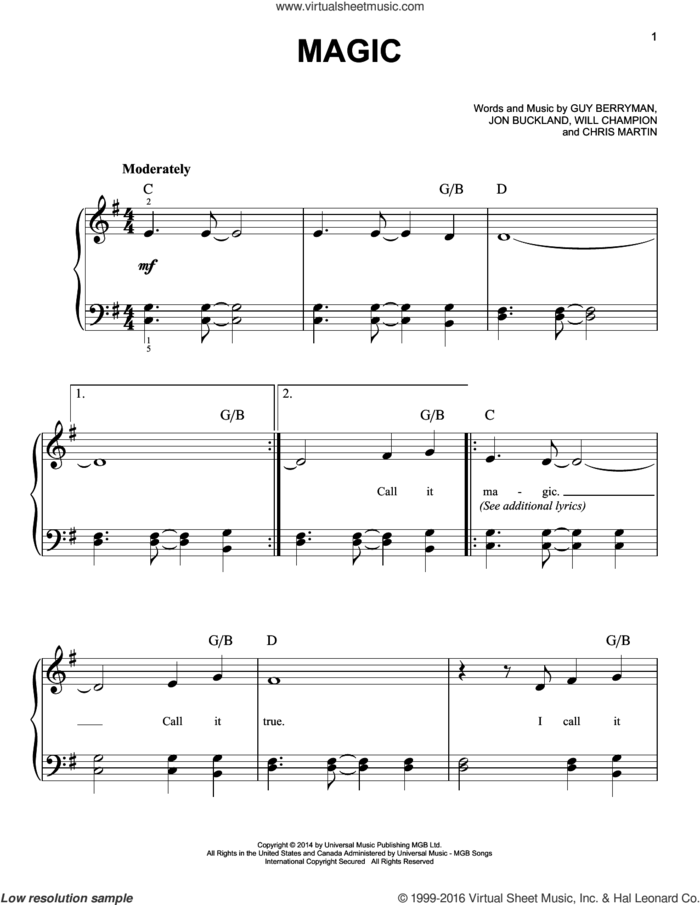 Magic sheet music for piano solo by Guy Berryman, Coldplay, Chris Martin, Jon Buckland and Will Champion, easy skill level