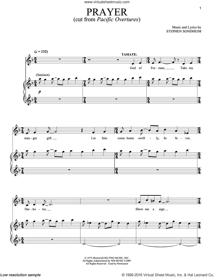 Prayers sheet music for voice and piano by Stephen Sondheim, intermediate skill level