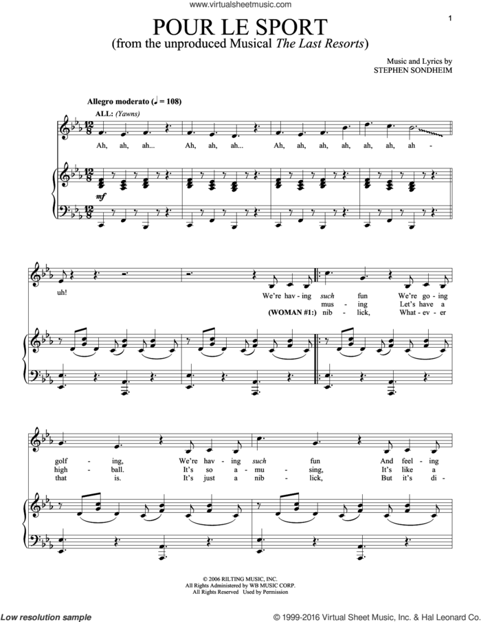 Pour Le Sport sheet music for voice and piano by Stephen Sondheim, intermediate skill level