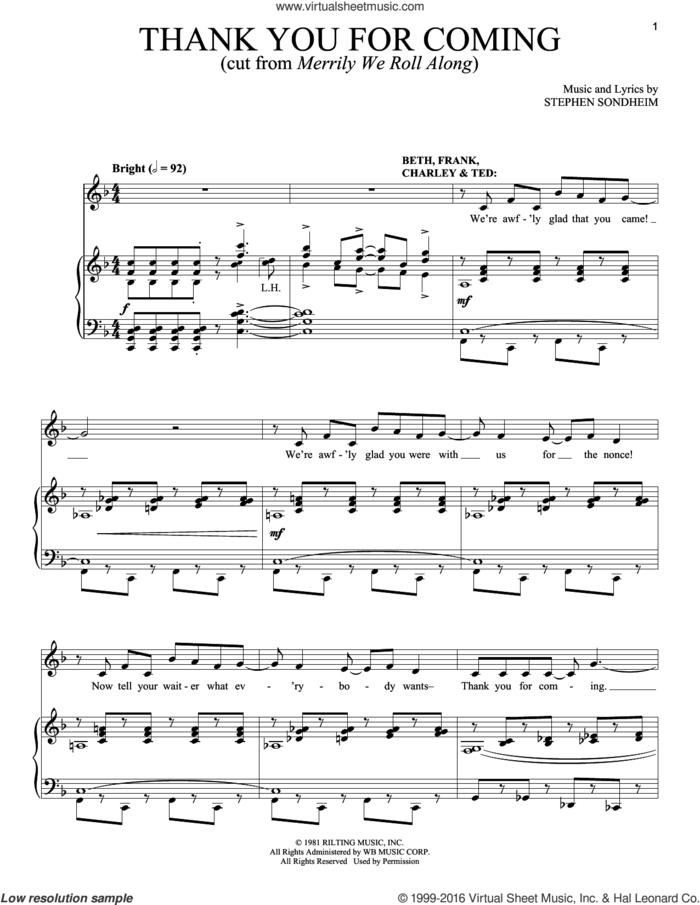 Thank You For Coming sheet music for voice and piano by Stephen Sondheim, intermediate skill level
