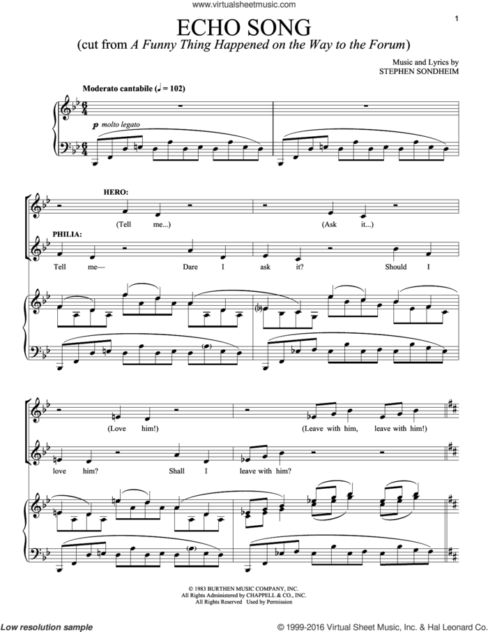 Echo Song sheet music for voice and piano by Stephen Sondheim, intermediate skill level