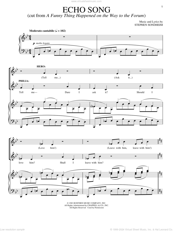 Echo Song sheet music for voice and piano by Stephen Sondheim, intermediate skill level