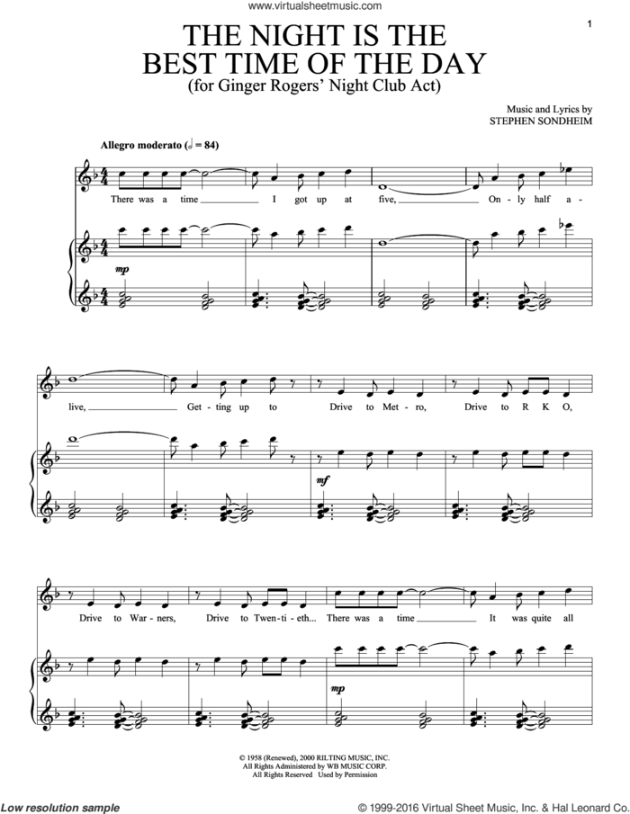 The Night Is The Best Time Of The Day sheet music for voice and piano by Stephen Sondheim, intermediate skill level
