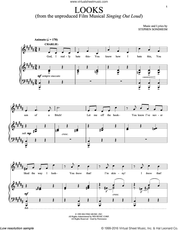 Looks sheet music for voice and piano by Stephen Sondheim, intermediate skill level