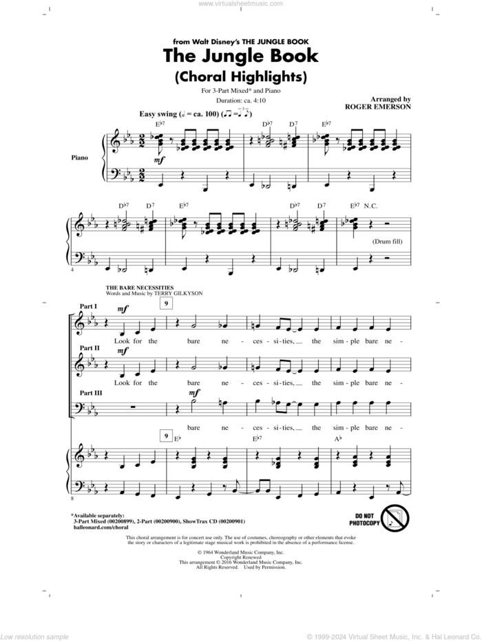 The Jungle Book (Choral Highlights) sheet music for choir (3-Part Mixed) by Terry Gilkyson and Roger Emerson, intermediate skill level