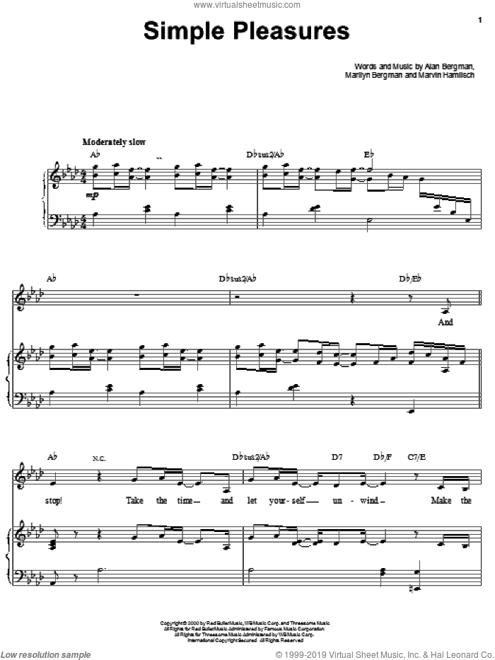 Simple Pleasures sheet music for voice, piano or guitar by Barbra Streisand, Alan Bergman, Marilyn Bergman and Marvin Hamlisch, intermediate skill level