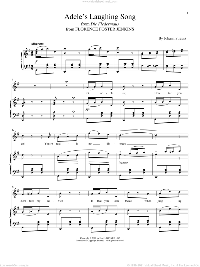 Adele's Laughing Song sheet music for voice and piano by Johann Strauss and Alexandre Desplat, classical score, intermediate skill level