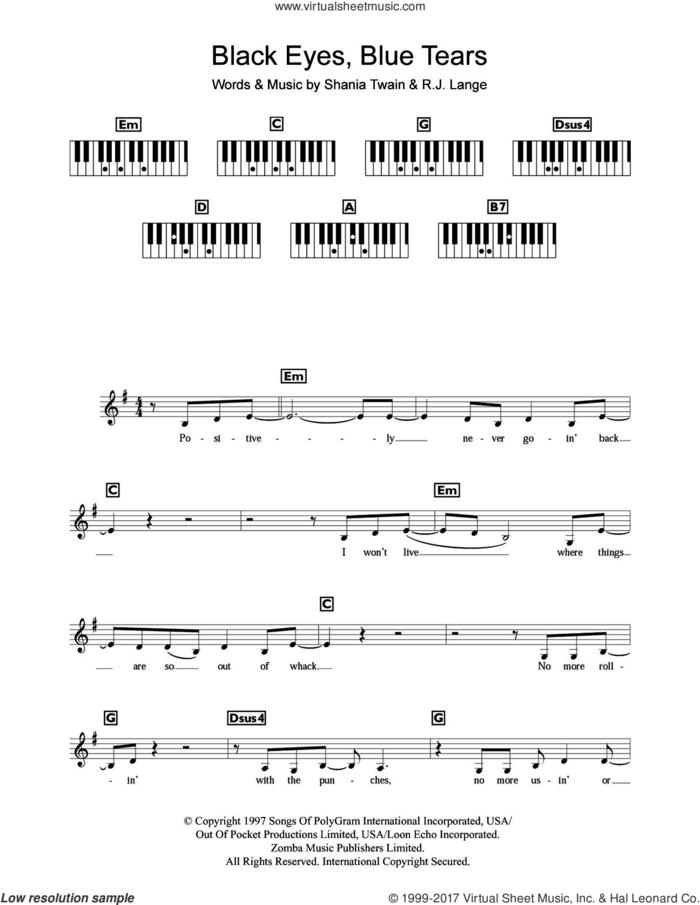 Black Eyes, Blue Tears sheet music for piano solo (chords, lyrics, melody) by Shania Twain and Robert John Lange, intermediate piano (chords, lyrics, melody)
