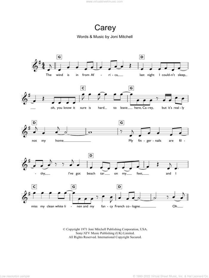 Carey sheet music for piano solo (chords, lyrics, melody) by Joni Mitchell, intermediate piano (chords, lyrics, melody)