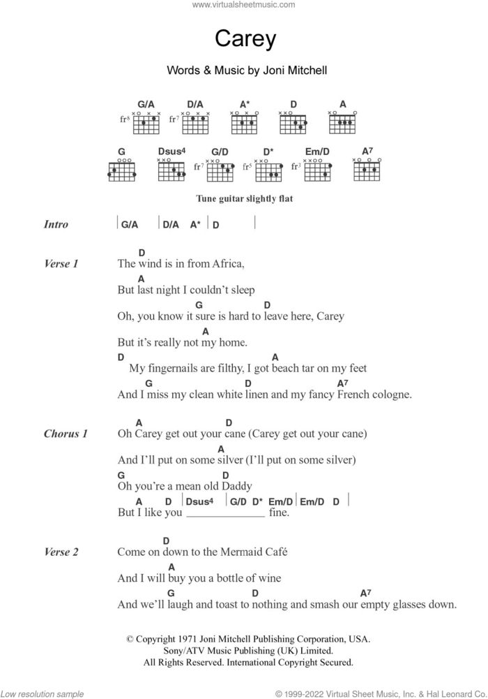 Carey sheet music for guitar (chords) by Joni Mitchell, intermediate skill level
