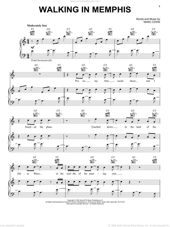 Walking In Memphis sheet music for voice, piano or guitar by Marc Cohn, intermediate skill level