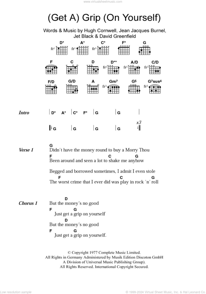 (Get A) Grip (On Yourself) sheet music for guitar (chords) by The Stranglers, David Greenfield, Hugh Cornwell, Jean Burnel and Jet Black, intermediate skill level