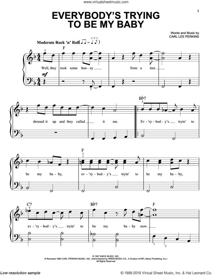 Everybody's Trying To Be My Baby sheet music for piano solo by The Beatles and Carl Perkins, easy skill level