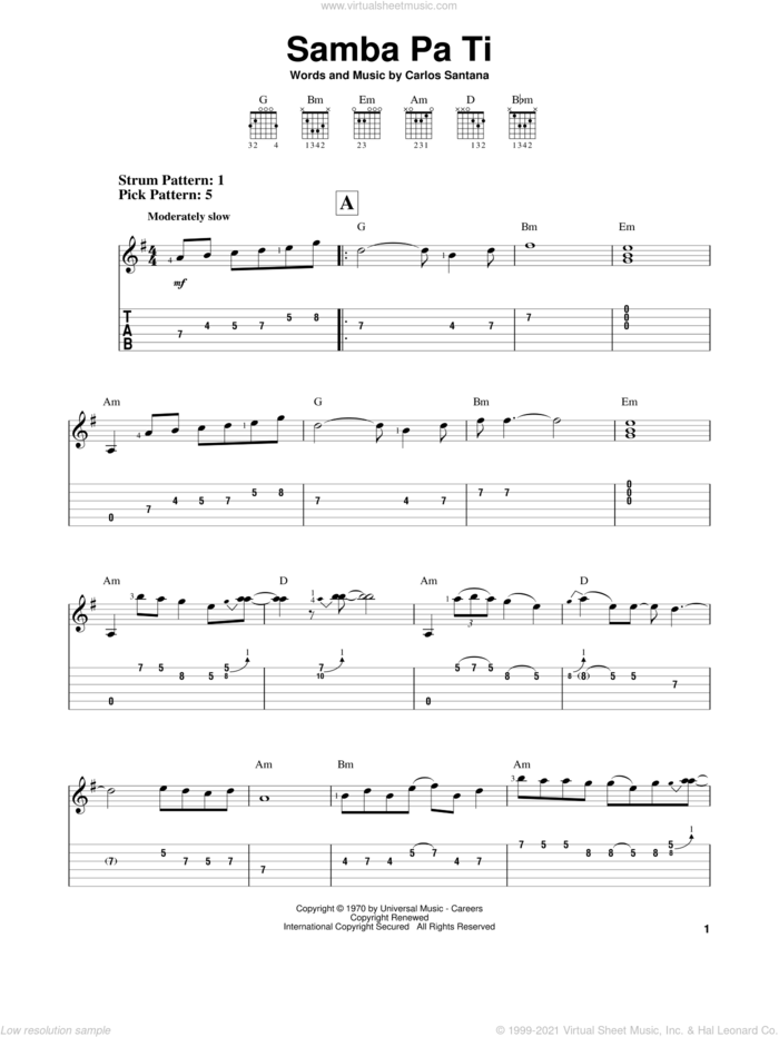 Samba Pa Ti sheet music for guitar solo (easy tablature) by Carlos Santana, easy guitar (easy tablature)