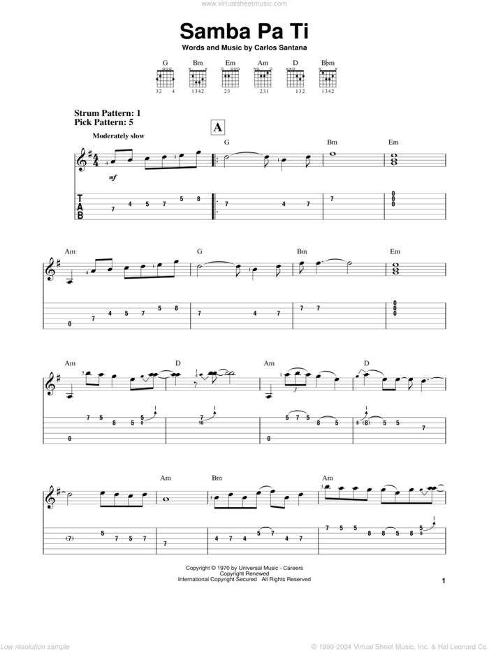 Samba Pa Ti sheet music for guitar solo (easy tablature) by Carlos Santana, easy guitar (easy tablature)