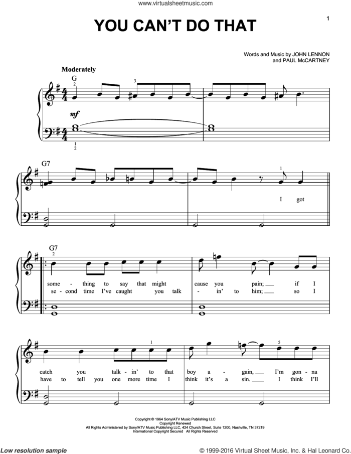 You Can't Do That sheet music for piano solo by The Beatles, John Lennon and Paul McCartney, easy skill level