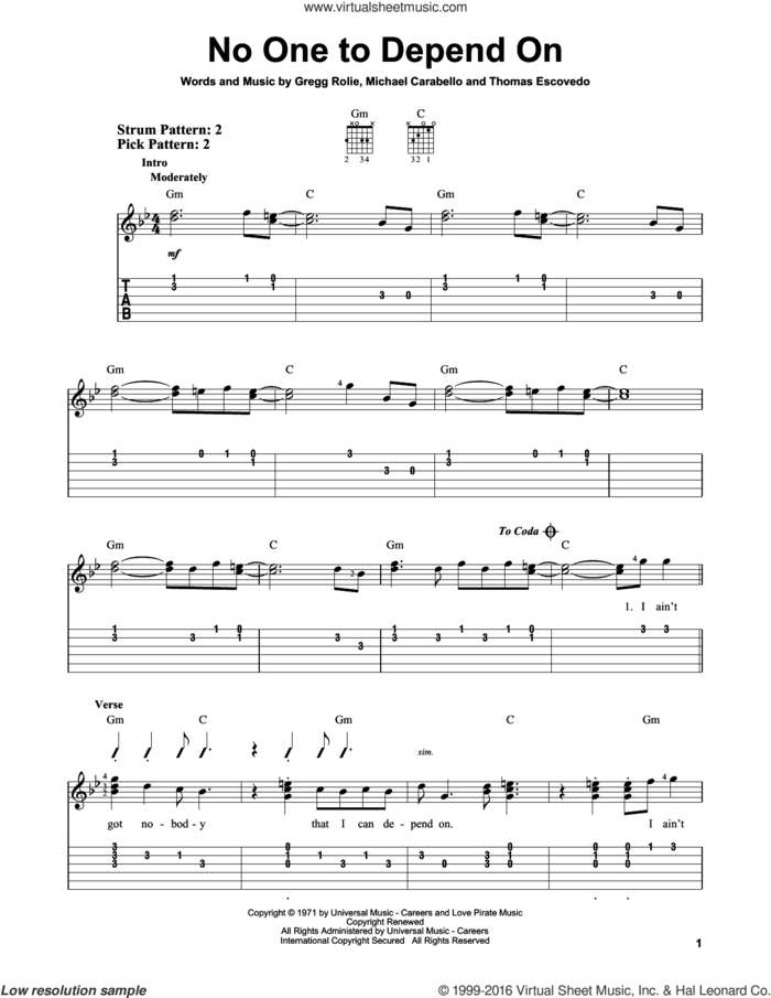 No One To Depend On sheet music for guitar solo (easy tablature) by Carlos Santana, Gregg Rolie, Michael Carabello and Thomas Escovedo, easy guitar (easy tablature)
