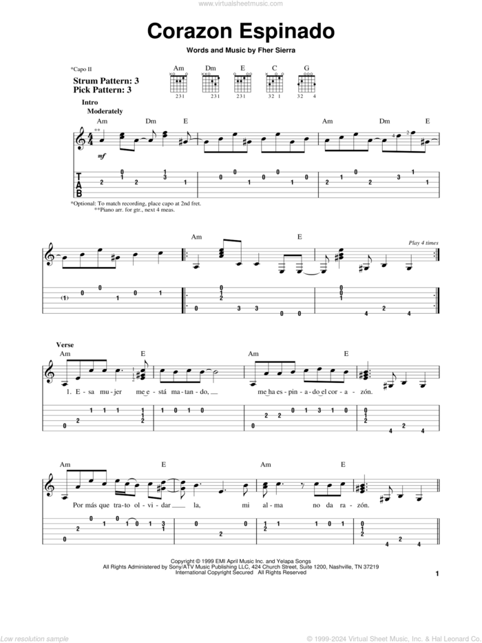 Corazon Espinado sheet music for guitar solo (easy tablature) by Carlos Santana and Fher Sierra, easy guitar (easy tablature)