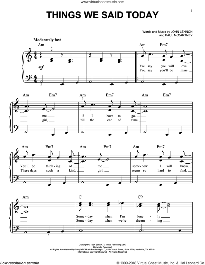 Things We Said Today sheet music for piano solo by The Beatles, John Lennon and Paul McCartney, easy skill level