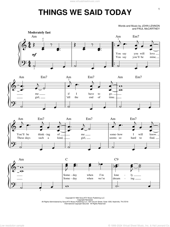 Things We Said Today sheet music for piano solo by The Beatles, John Lennon and Paul McCartney, easy skill level