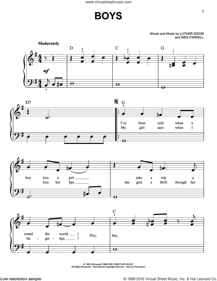 Boys sheet music for piano solo by The Beatles, Luther Dixon and Wes Farrell, easy skill level