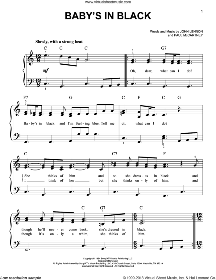 Baby's In Black sheet music for piano solo by The Beatles, John Lennon and Paul McCartney, easy skill level