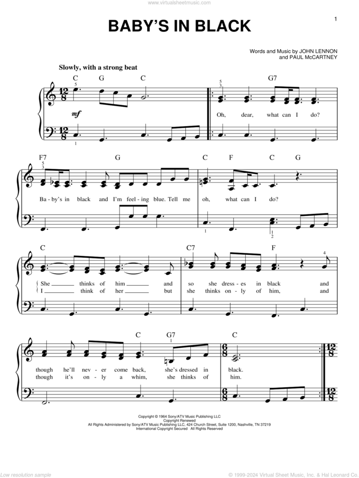 Baby's In Black sheet music for piano solo by The Beatles, John Lennon and Paul McCartney, easy skill level