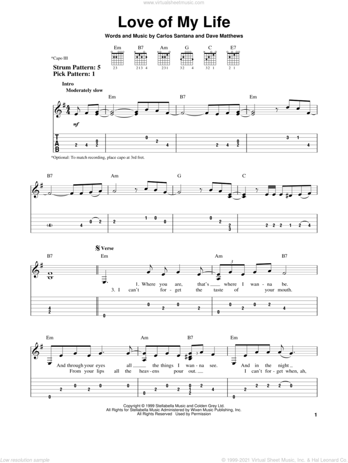 Love Of My Life (feat. Dave Matthews) sheet music for guitar solo (easy tablature) by Carlos Santana, Santana featuring Dave Matthews and Dave Matthews, easy guitar (easy tablature)