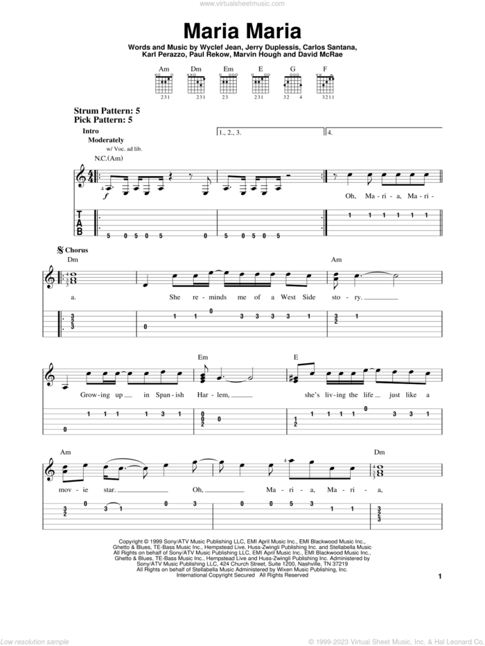 Maria Maria (feat. The Product G&B) sheet music for guitar solo (easy tablature) by Santana featuring The Product G&B, Carlos Santana, David McRae, Jerry Duplessis, Karl Perazzo, Marvin Hough, Paul Rekow and Wyclef Jean, easy guitar (easy tablature)
