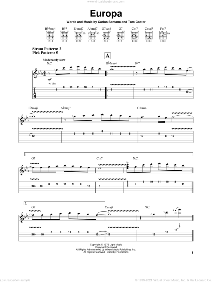 Europa sheet music for guitar solo (easy tablature) by Carlos Santana and Tom Coster, easy guitar (easy tablature)