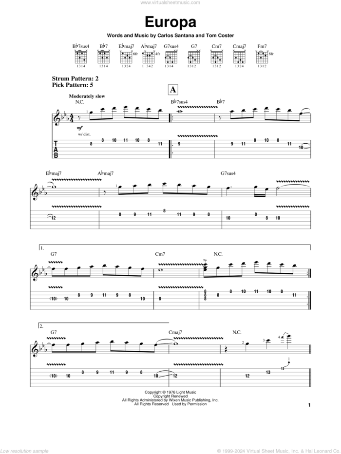 Europa sheet music for guitar solo (easy tablature) by Carlos Santana and Tom Coster, easy guitar (easy tablature)