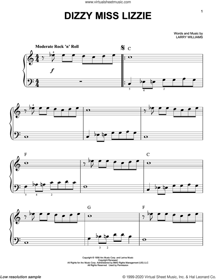 Dizzy Miss Lizzie sheet music for piano solo by The Beatles and Larry Williams, easy skill level