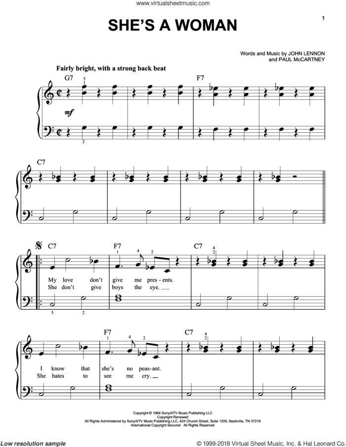 She's A Woman sheet music for piano solo by The Beatles, John Lennon and Paul McCartney, easy skill level