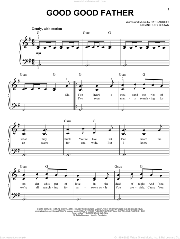 Good Good Father, (easy) sheet music for piano solo by Chris Tomlin, Anthony Brown and Pat Barrett, easy skill level