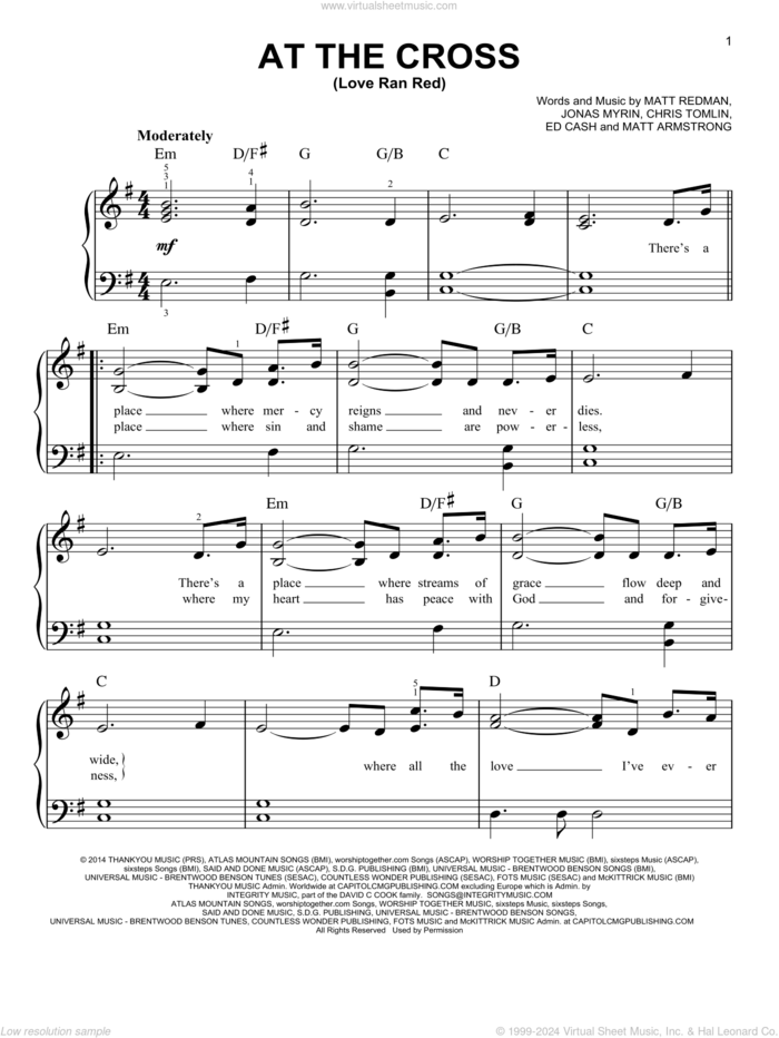 At The Cross (Love Ran Red), (easy) sheet music for piano solo by Chris Tomlin, Ed Cash, Jonas Myrin, Matt Armstrong and Matt Redman, easy skill level