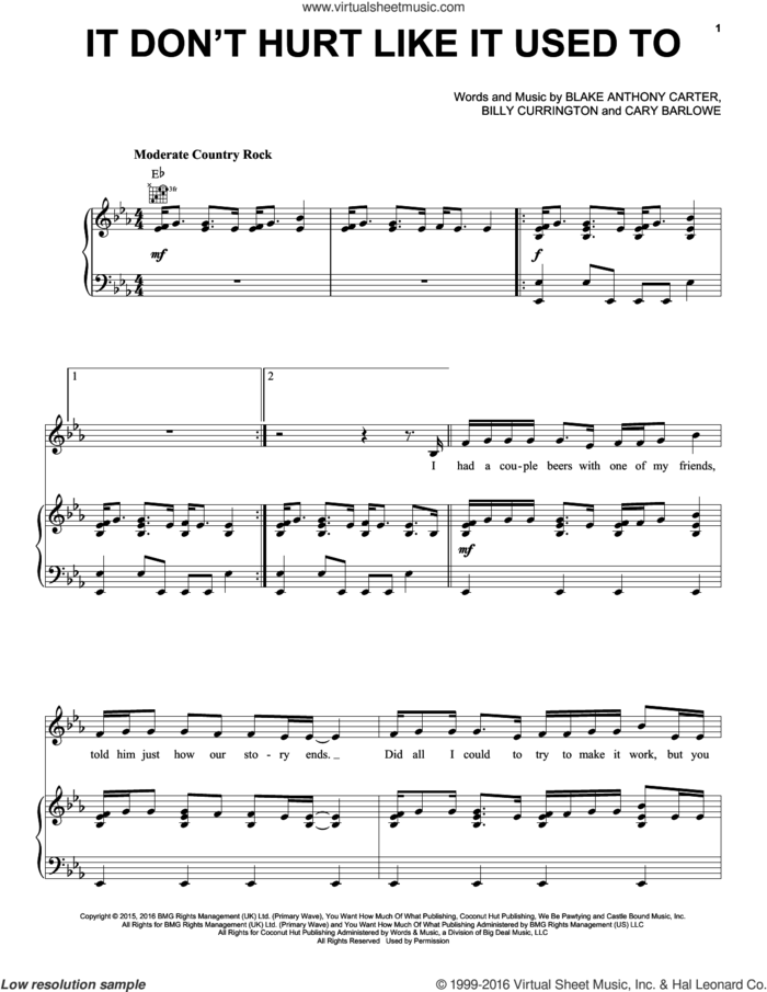 It Don't Hurt Like It Used To sheet music for voice, piano or guitar by Billy Currington, Blake Anthony Carter and Cary Barlowe, intermediate skill level