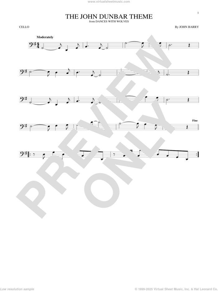 The John Dunbar Theme sheet music for cello solo by John Barry, intermediate skill level