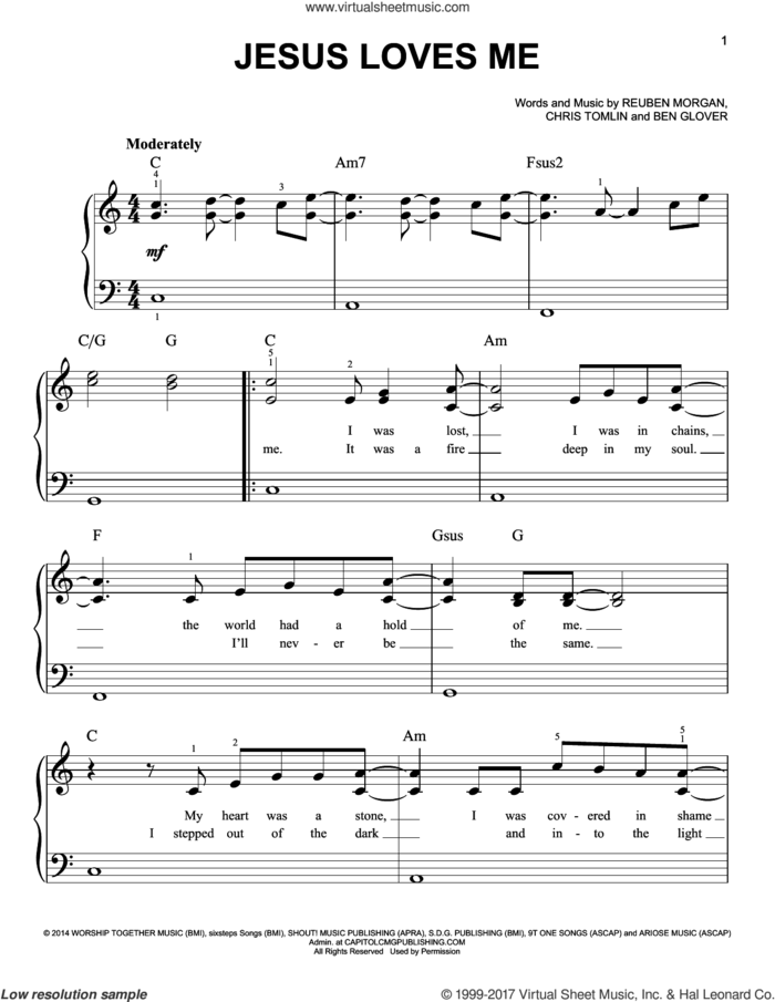 Jesus Loves Me sheet music for piano solo by Chris Tomlin, Ben Glover and Reuben Morgan, easy skill level