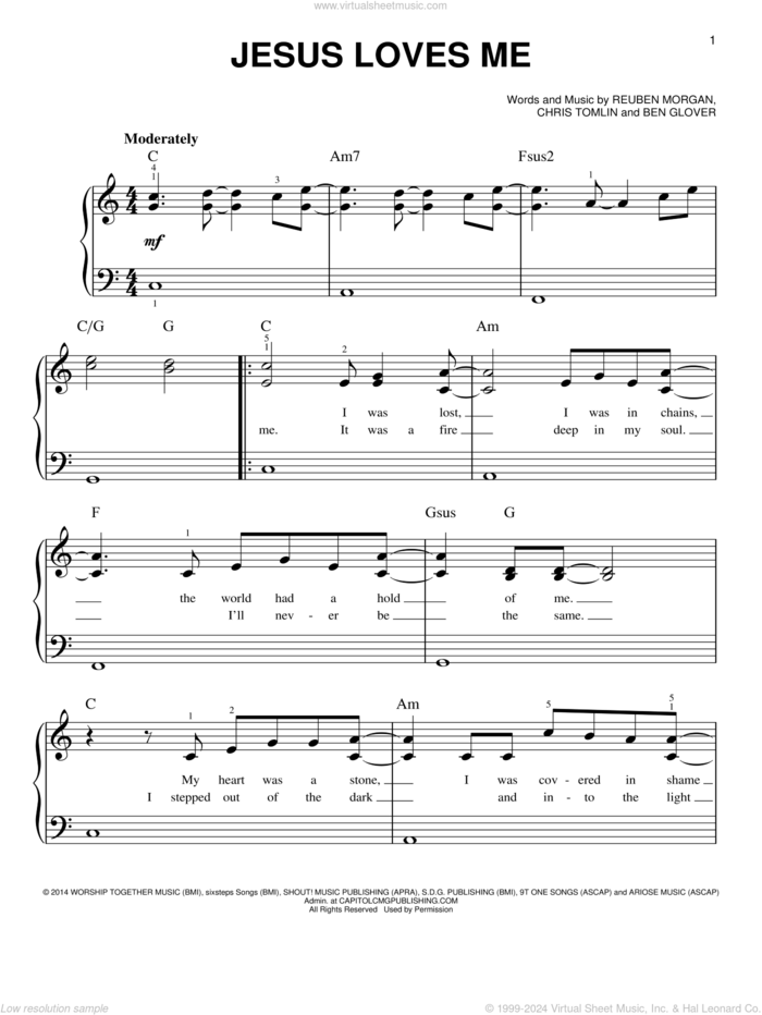 Jesus Loves Me sheet music for piano solo by Chris Tomlin, Ben Glover and Reuben Morgan, easy skill level